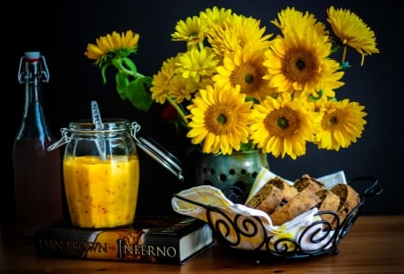 Still life - pretty, sunflowers, yellow, book, flowers, cake, literature, beautiful, coffee, morning, lovely, still life, tea time, bouquet, harmony, afternoon, juice