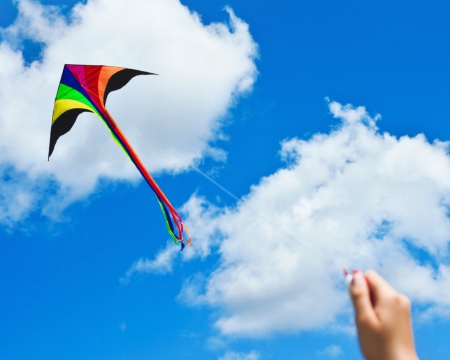 Kite and blue sky - hand, kite, blue, sky