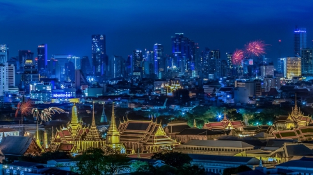 spectacular night view of bangkonk thailand hdr - temples, view, hdr, skyscrapers, city, night, fireworks