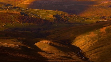 the beauty of dales - hills, sunset, fields, shadows, dales, farms