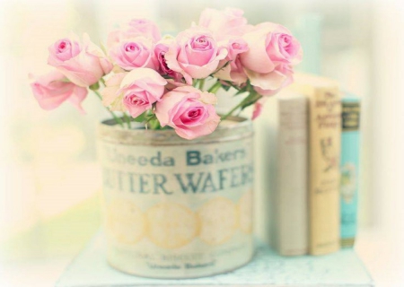 âPink Rosesâ - window, roses, books, table, wallpaper