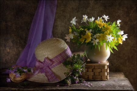 Spring magical, wonderful time - home style, wonderful time, purple ribbon, hat, still life, decoration, spring, touch of femininity