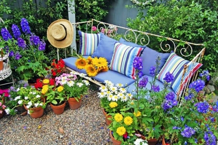 My Favorite Place - hat, blossoms, sunflowers, cushions, garden, bench