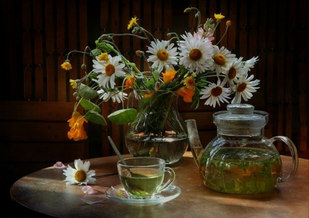 Daisies - blossoms, tea, pot, flowers, still life, vase