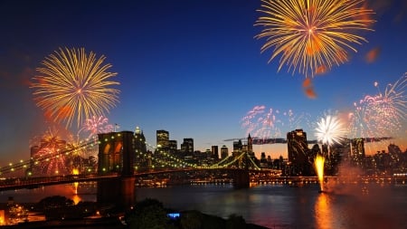 Fireworks over Brooklyn Bridge