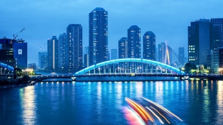 bridge in tokyo at night - long exposure, river, night, city, bridge, lights