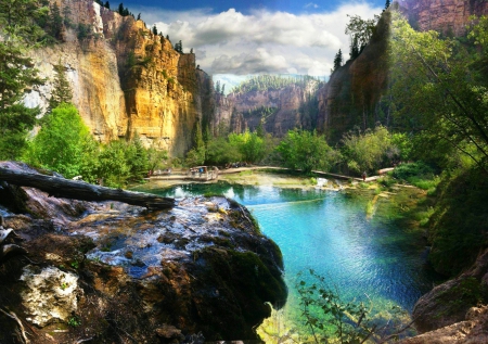 Hanging Lake, Colorado - clouds, trees, water, beautiful, tourist destination, cliffs, lake, foliage, canyon