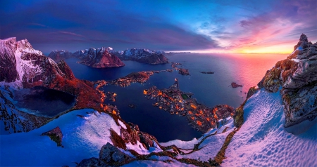 Five Minutes Before Sunrise, Reine - clouds, Lofoten Archipelago, Norway, beautiful, fishing, snow, sunrise, city lights, ocean, village, islands, Artic, mountains, frosty water, sky