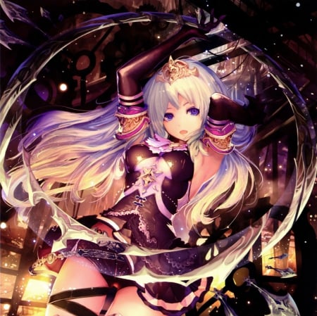 Bahamut - anime, tiara, maidne, female, boomerang, crown, long hair, armor, gorgeous, hd, weapon, anime girl, realistic, royalty, beautiful, hot, girl, beauty, cg, black, white, sinister, lady, awesome, sexy