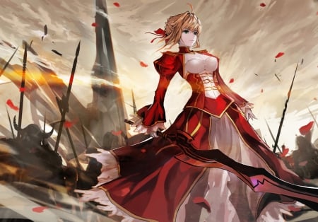 Saber Extra - saber, anime, female, warrior, scenery, scene, dress, red, weapon, gown, anime girl, girl, sword, knight, saber extra, blade, fate stay night