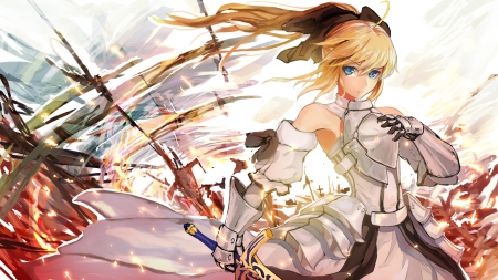 Saber Lily - gown, blond hair, blonde, anime girl, girl, blond, blonde hair, saber lily, armor, pretty, beauty, sweet, fate stay night, anime, dress, knight, warrior, nice, lovely, scene, female, saber