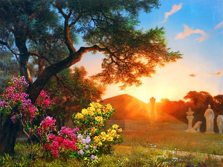 Morning rays - sky, dazzling, sun, shine, painting, art, pretty, tree, garden, morning, rays, statue, sunlight, day, park, summer, lovely, glow, bright, nature, fiery, beautiful, flowers, sunrise