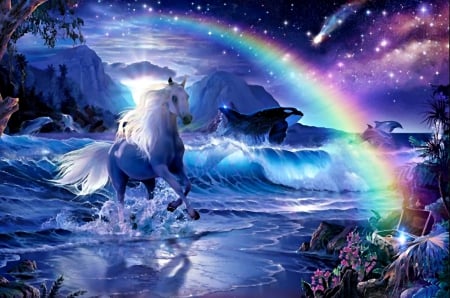 The quest of life - sky, beach, magic, quest, fantasy, art, life, sands, stars, rainbow, ocean, lovely, waves, horse, beautiful, blue, quiest, sea, dolphin