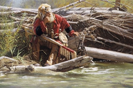 Checking The Traps - trapper, logs, man, trap