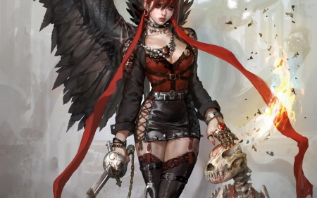 Demon - black, fantasy, red, wings, angel, feather, demon, skull