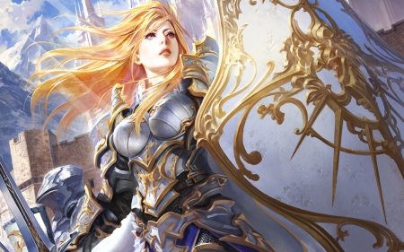 Fantasy girl - girl, warrior, wings, shield, fantasy, armor, white, golden, blonde