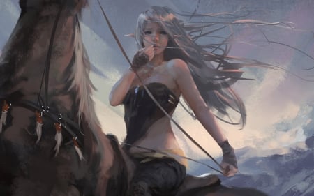 Elf rider - elf, girl, black, fantasy, art, horse, dark, game, rider