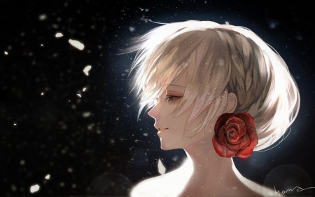 Beauty - red, flower, rose, black, blonde, dark, anime, girl, art