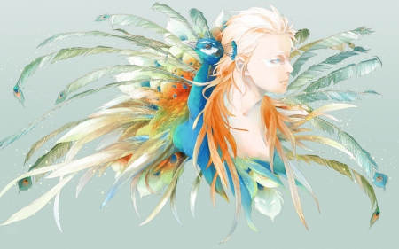 Peacock fantasy - feather, fantasy, bird, peacock, orange, blue, art