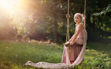 Serenity swing - girl, pink, swing, green, summer, child, serenity