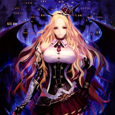 Bahamut - realistic, beauty, female, hot, blond, wings, anime girl, evil, wonderful, beautifyl, red eyes, gorgeous, blond hair, blonde hair, sinister, anime, splendid, sexy, girl, long hair, cg, hd, wing, awesome, dress, blonde