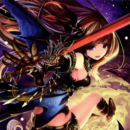 Bahamut - pretty, anime, female, wing, long hair, armor, float, hd, weapon, nice, anime girl, realistic, beautiful, hot, girl, sword, beauty, lovely, sweet, cg, wings, sexy