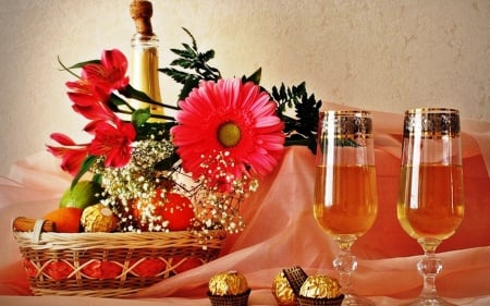 Have a nice day ! - abstract, drinks, photography, chocolate, beauty, pink, still life, flowers, basket, champagne, glasses, red, fruit, candy