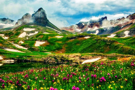 Mountain At Spring - mountains, water, beautiful, flowers, spring, wildflowers, green grass, colorado, clouds, river, snow