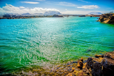 Lake Myvatn, Iceland - turquoise, lake, clouds, beautiful, morning view, green, mountains, rocks