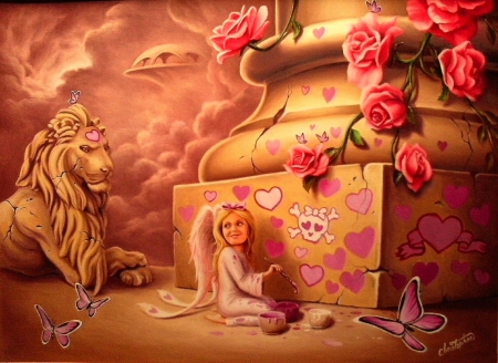 â˜…Heaven's Little Artistâ˜… - girls, roses, lion, animals, wings, fantasy, creative pre-made, hearts, paintings, traditional art, splendid, butterflies, attractions in dreams, lovely, heaven, weird things people wear, beautiful, beloved valentines, flowers, butterfly designs