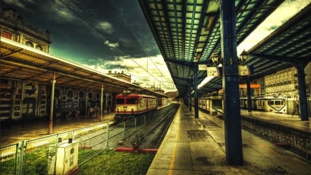 train station hdr - platform, clouds, trains, tracks, hdr, station