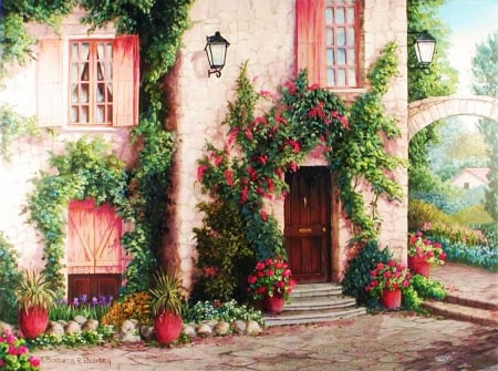 Flowerful Entrance - stairs, blossoms, door, artwork, lamps, wall, house, flowers