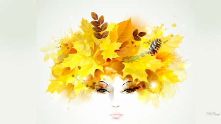 Beauties of Autumn - face, fall, beautiful, leaves, vector, art, lady, gold, woman, autumn