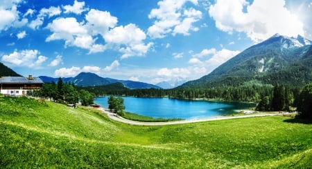 Hintersee Lake, Germany - summer, meadows, forest, mountains, road, alps, beautiful, green grass, lake, clouds, house