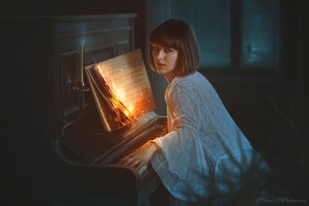 Remorse - piano, lady, candle, music, fantasy, fire