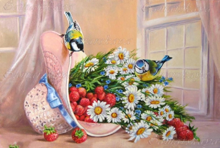 Bonnet Full Of Flowers - daisies, hat, flowers, strawberries, fantasy, birds, window, pink