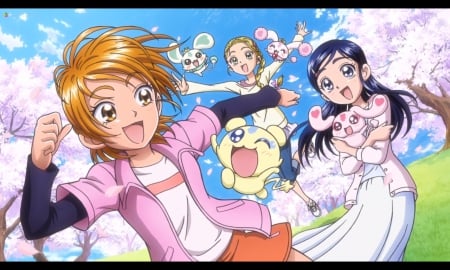 PreCure - nice, beauty, female, smiling, pretty cure, anime girl, precure, pretty, petals, anime, cure black, cute, short hair, scene, adorable, girl, long hair, lovely, cure white, excited, kawaii, beautiful, blossom, sweet, smile, happy, flower