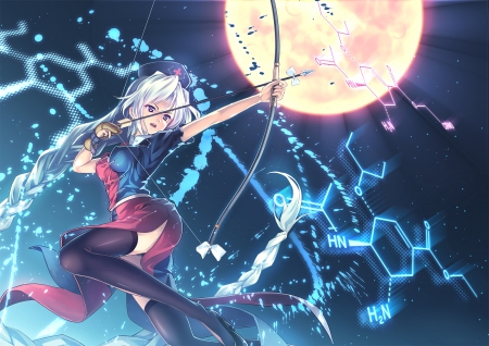 Moon Archer - pretty, anime, magic, female, scene, dress, yagokoro eirin, magical, long hair, white hair, touhou, nice, silver hair, moon, anime girl, hunter, archer, beautiful, beauty, lovely, sweet, arrow, bow