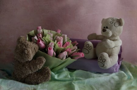 ~ *** ~ - teddy bears, tulips, bouquet, still life, lovely