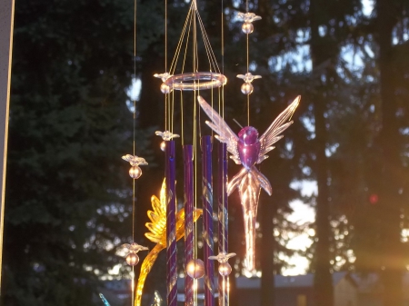 windchime in the morning - morning, purple, trees, hummingbird