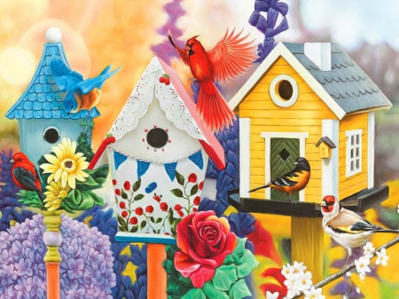 Friendly neighbors - colorful, summer, neighbors, art, pretty, beautiful, flowers, birdhouse, friends, garden, birds