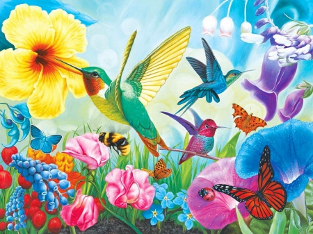 Hummingbird garden - pretty, birds, summer, butterflies, beautiful, lovely, freshness, hummingbirs, flowers, garden, art