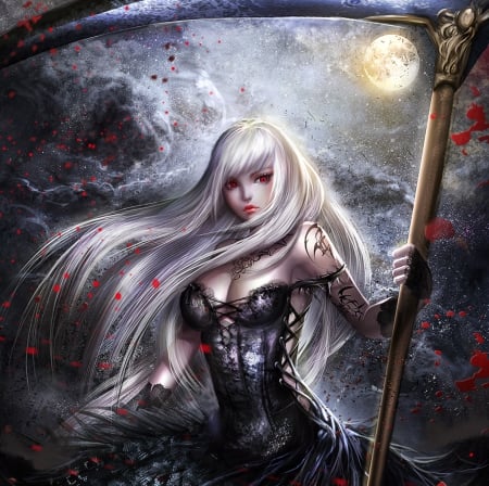 Sweet Death - black, death, white hair, abstract, girl, lady, scythe, fog, woman, beauty, dark, anime, night, dress, darkness, long hair, clouds, moon, female