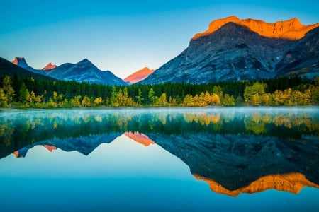 Wedge Pond Reflection - calm waters, fog, beautiful, blue sky, sunrise, forest, dawn, Canada, lake, paradise, mountains