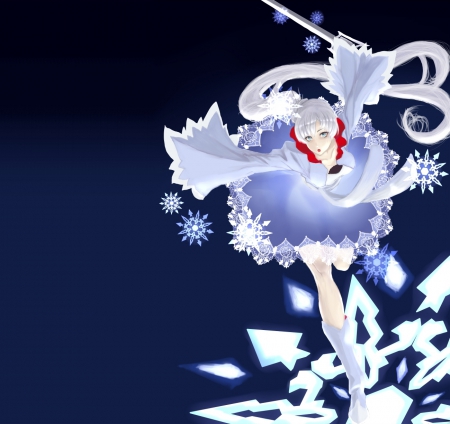 Weiss Schnee - pretty, anime, female, snowflakes, dress, long hair, white hair, rwby, Weiss, Schnee, plain, hd, nice, silver hair, gown, anime girl, beautiful, girl, sword, simple, beauty, lovely, sweet, Weiss Schnee, cg, flakes