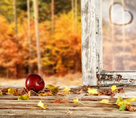 â™¥Autumnâ™¥ - autumn, trees, window, forest, heart, leaves, apple