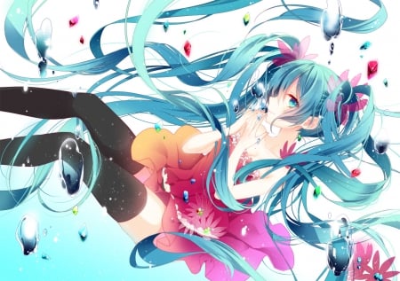 ~Hatsune Miku~ - hatsune miku, blue eyes, thighhighs, long hair, underwater, ponytails, blue hair, anime, flowers, dress