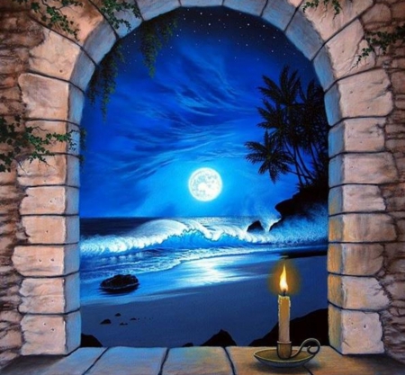 Candle in the Wind - candle, moonlight, arch, beach, sea, night