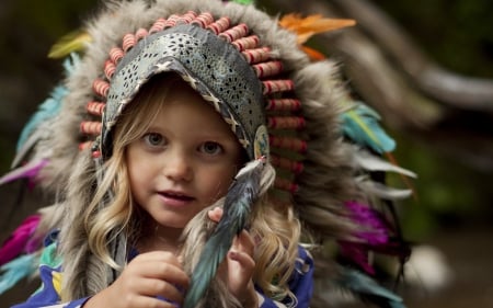 Cute girl - blue, helmet, indian, girl, cute, blonde, feather, pink