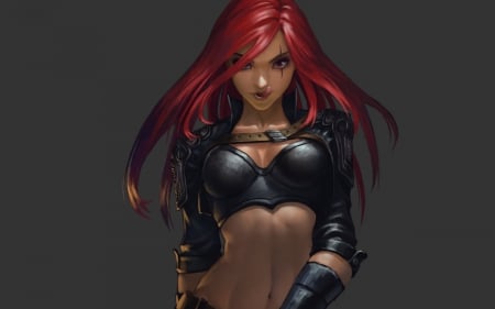 Katarina - black, game, fantasy, redhead, league of legends, woman, girl, Katarina